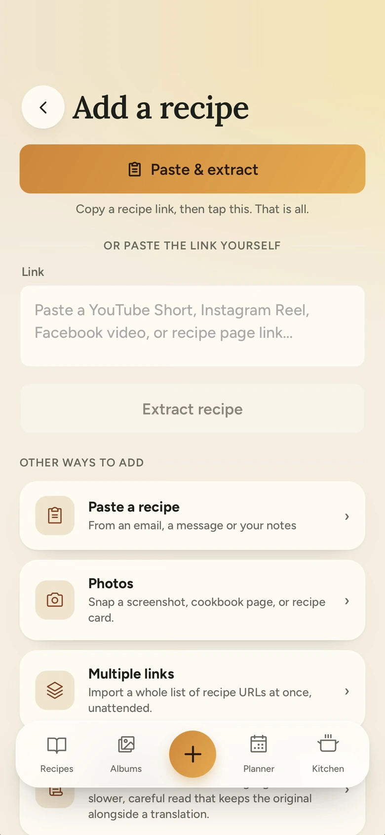 The Add a recipe screen in Hapsi, with Paste and extract at the top and the other ways to add below