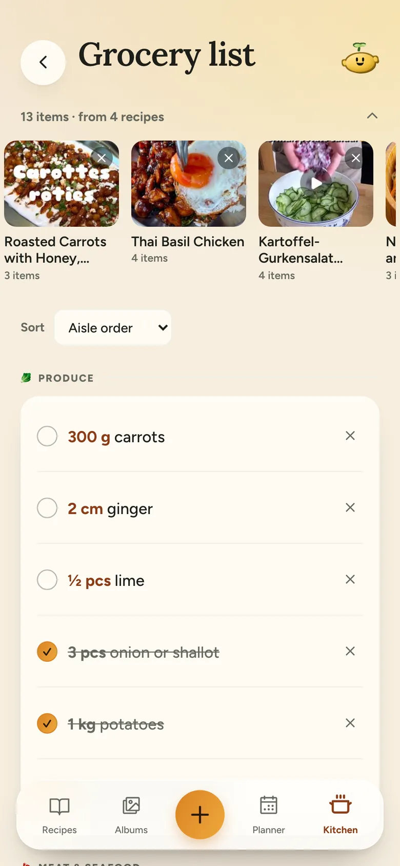 The grocery list grouped into aisle sections