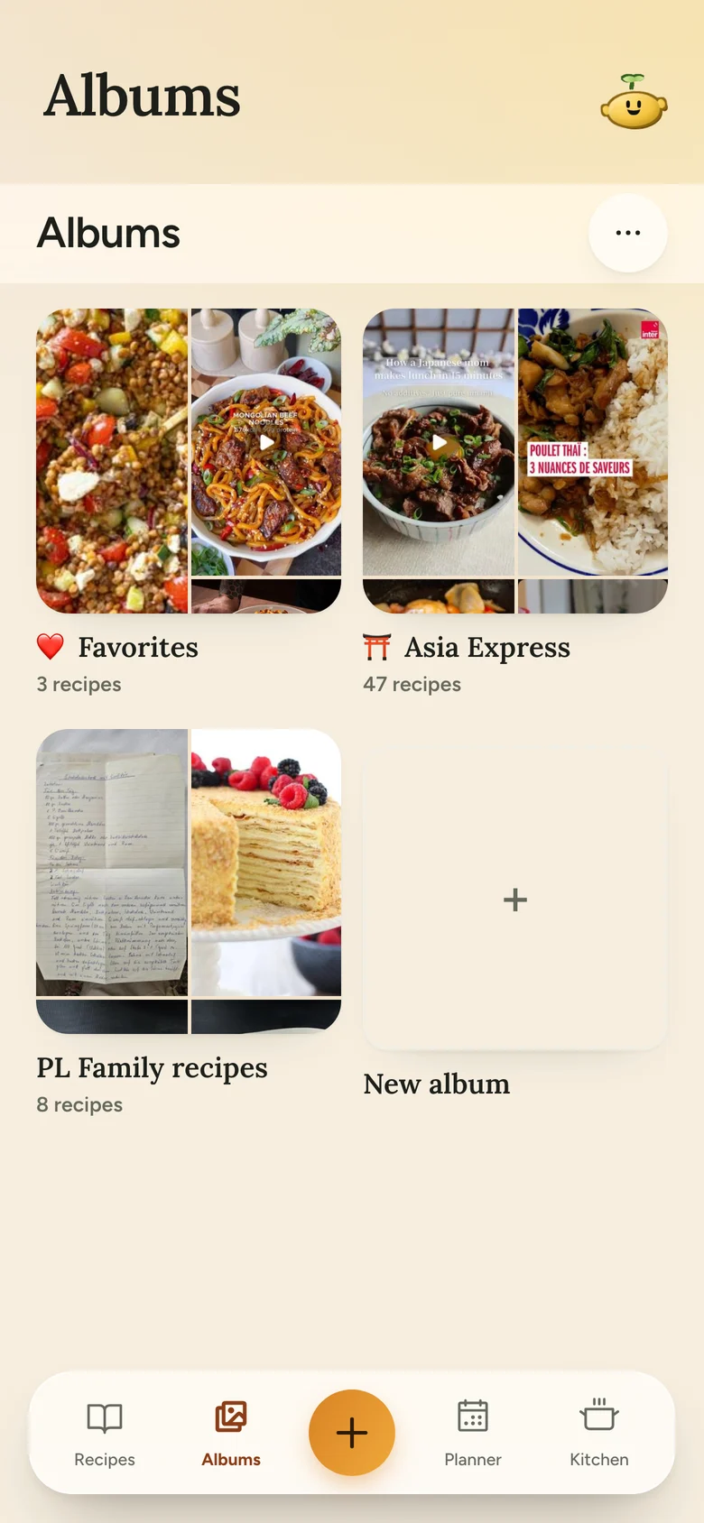 The Albums screen with three albums (Favorites, Asia Express and PL Family recipes), each with cover photos