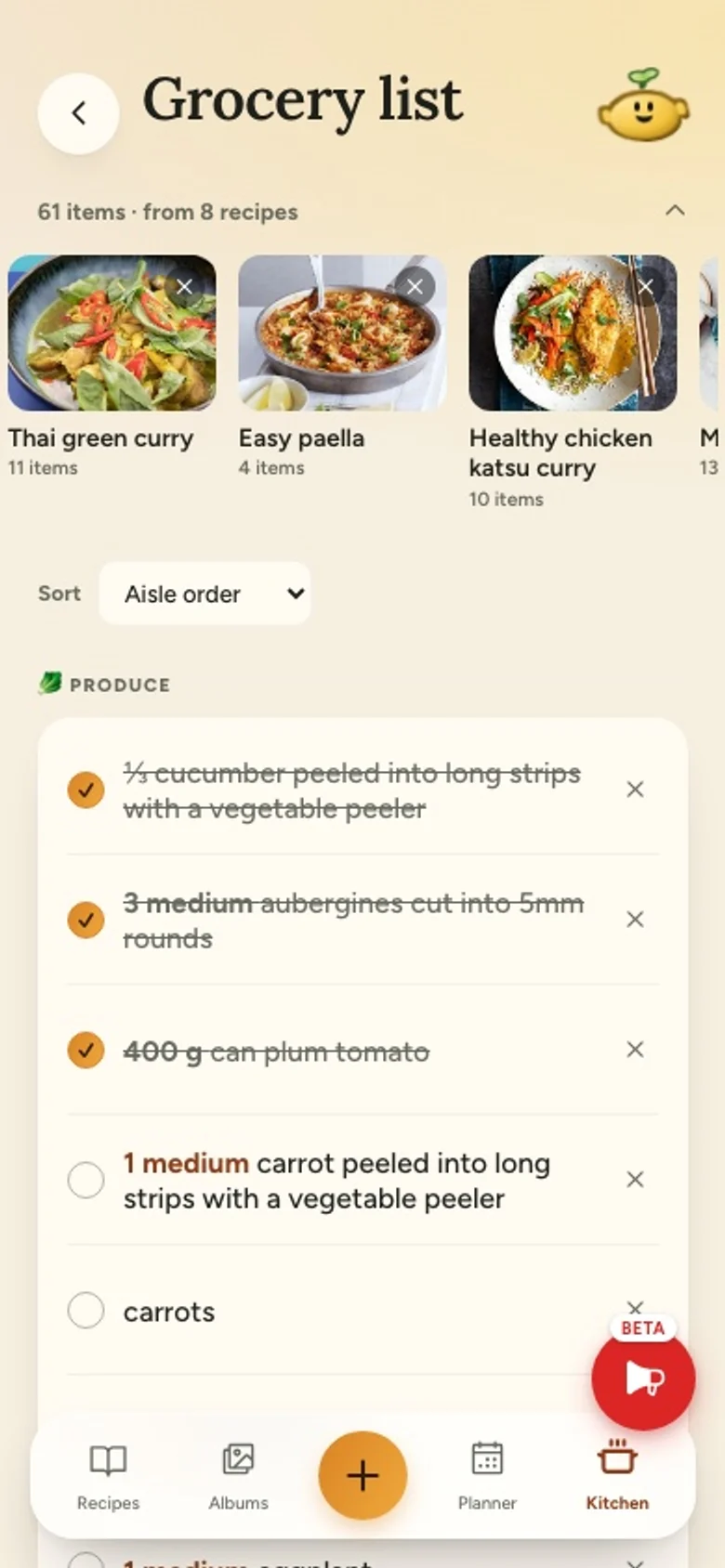 The grocery list, grouped by aisle, with the first items ticked off