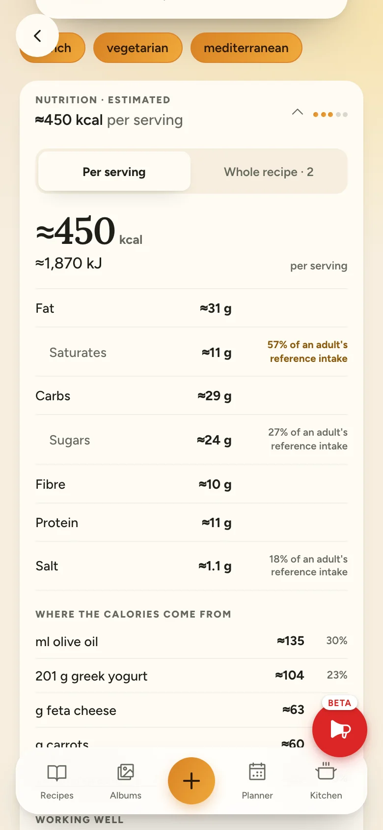 The nutrition panel open on a recipe: about 450 kcal per serving, with fat, saturates, carbs, sugars, fibre, protein and salt, each showing its share of an adult’s reference intake