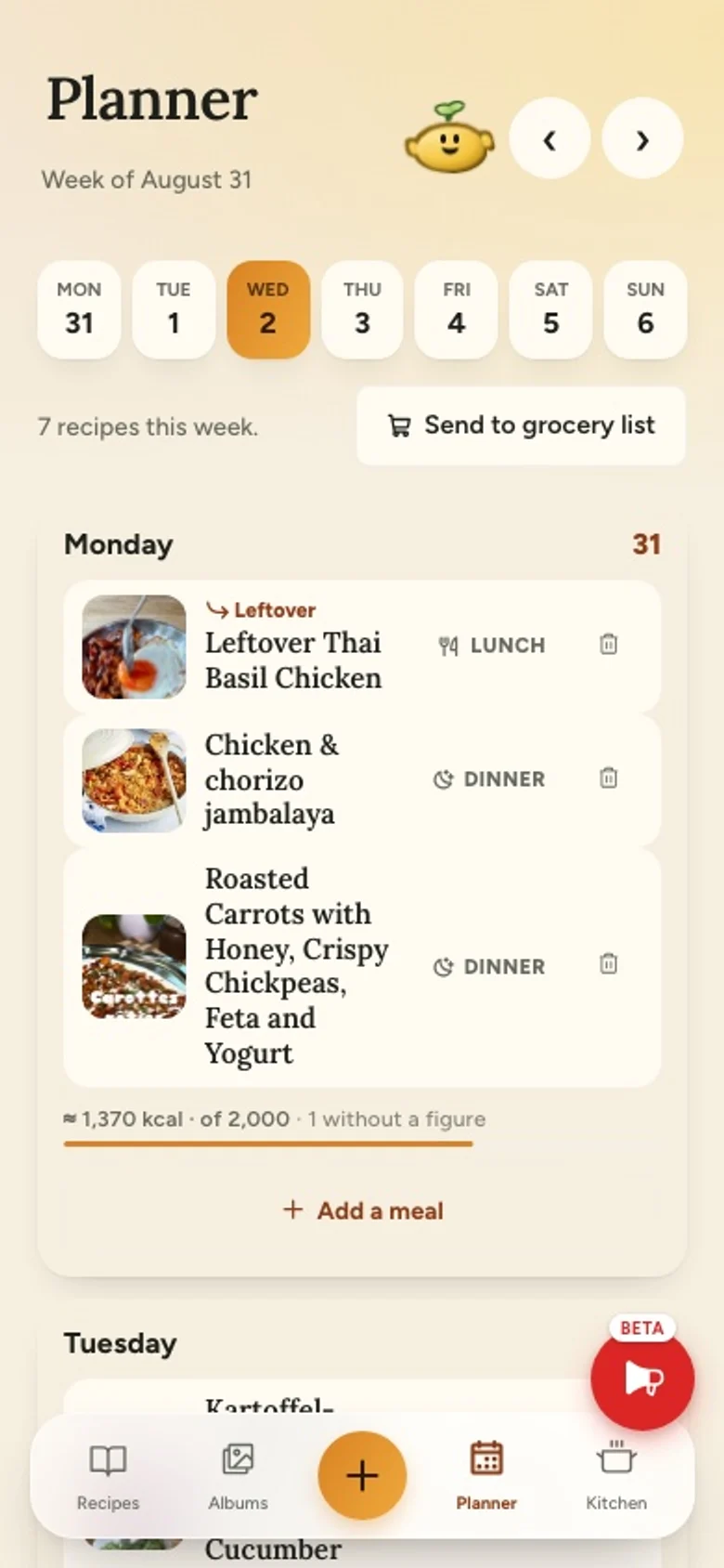 The weekly planner with a day strip and meals already planned for Monday