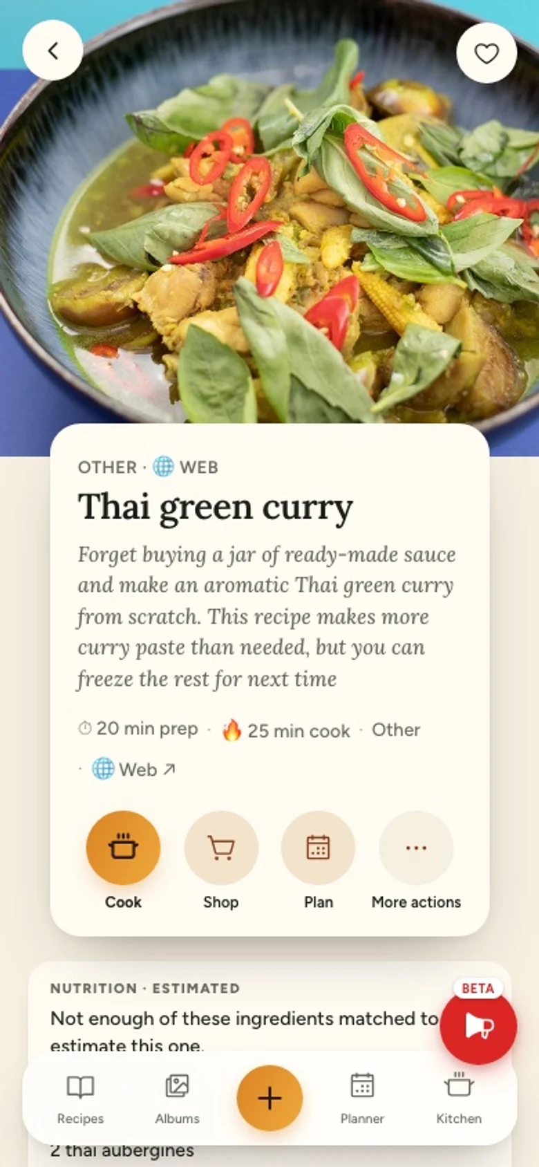 A recipe open in Hapsi: photo, cook and prep times, and buttons to cook, shop, plan or share