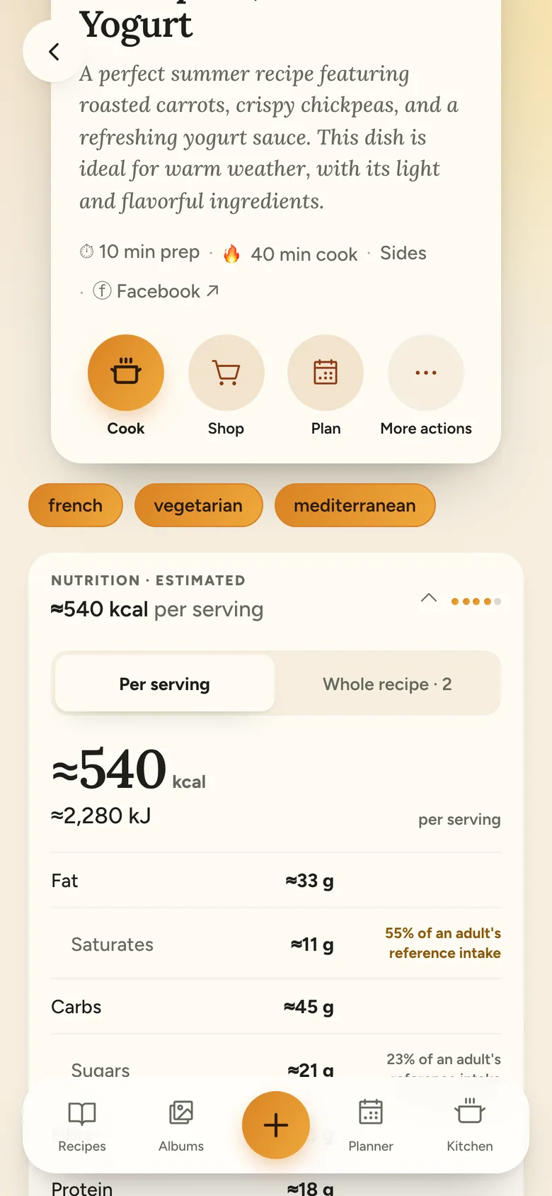 Nutrition for a recipe: calories per serving, fat, saturates, carbs, sugars and protein, with reference intake percentages